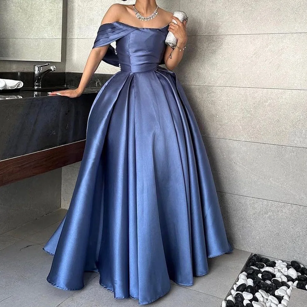 

Customized Graceful Strapless Off The Shoulder Pleats Evening Dress Classic A-Line Satin Blue Party Dress Vestidos Para Mujer