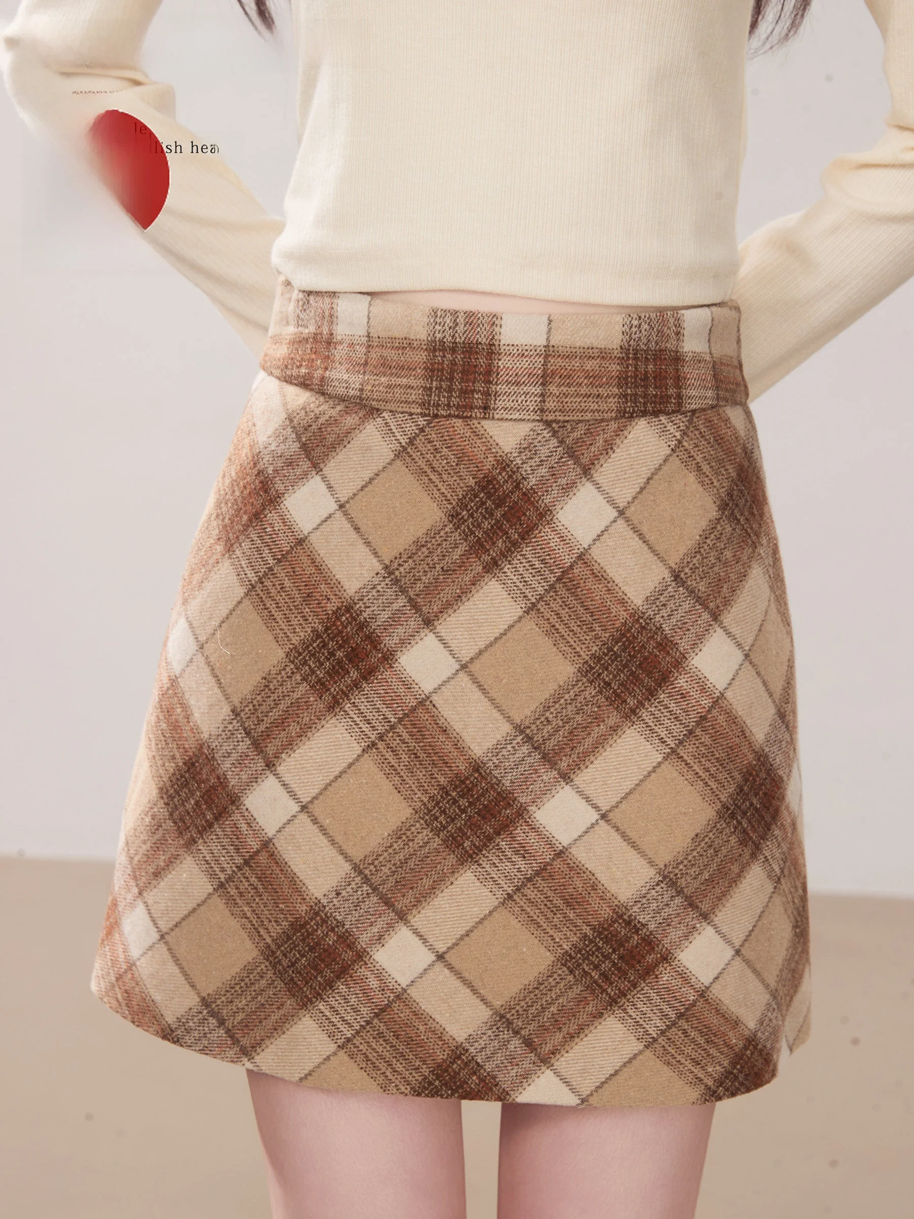 

Осенне-зимняя клетчатая юбка женская с высокой талией, А-силуэт, шерстяная, в стиле ретро, американский стиль, из смесовой ткани (полиэстер, хлопок, акрил, нейлон)