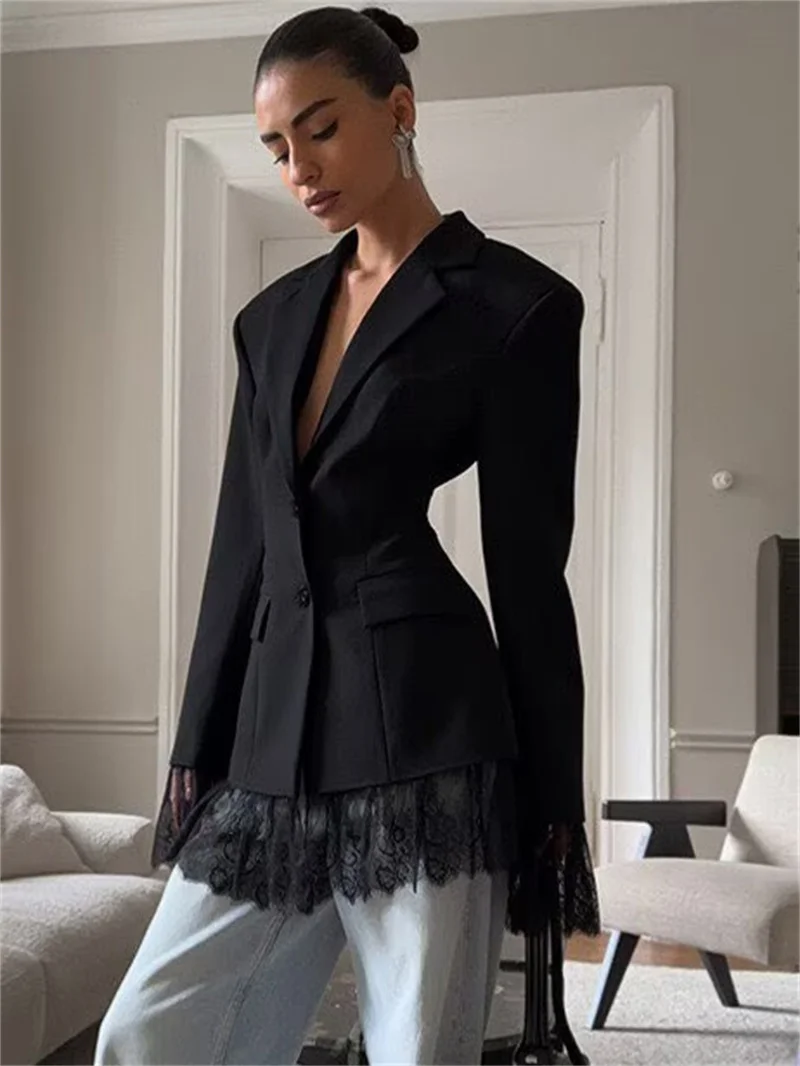 Blazer ajustado negro de nueva moda para mujer, chaqueta de Color sólido con detalles de encaje, Top de manga larga para ir al trabajo