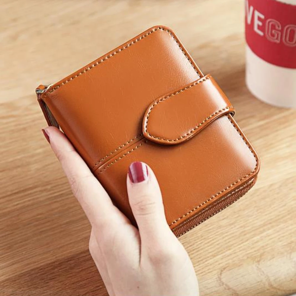 New Vintage Oil Wax Cowhide Short Women\'s Wallet Genuine Leather Zipper Coin Purse Multi Card Slot Card Bag