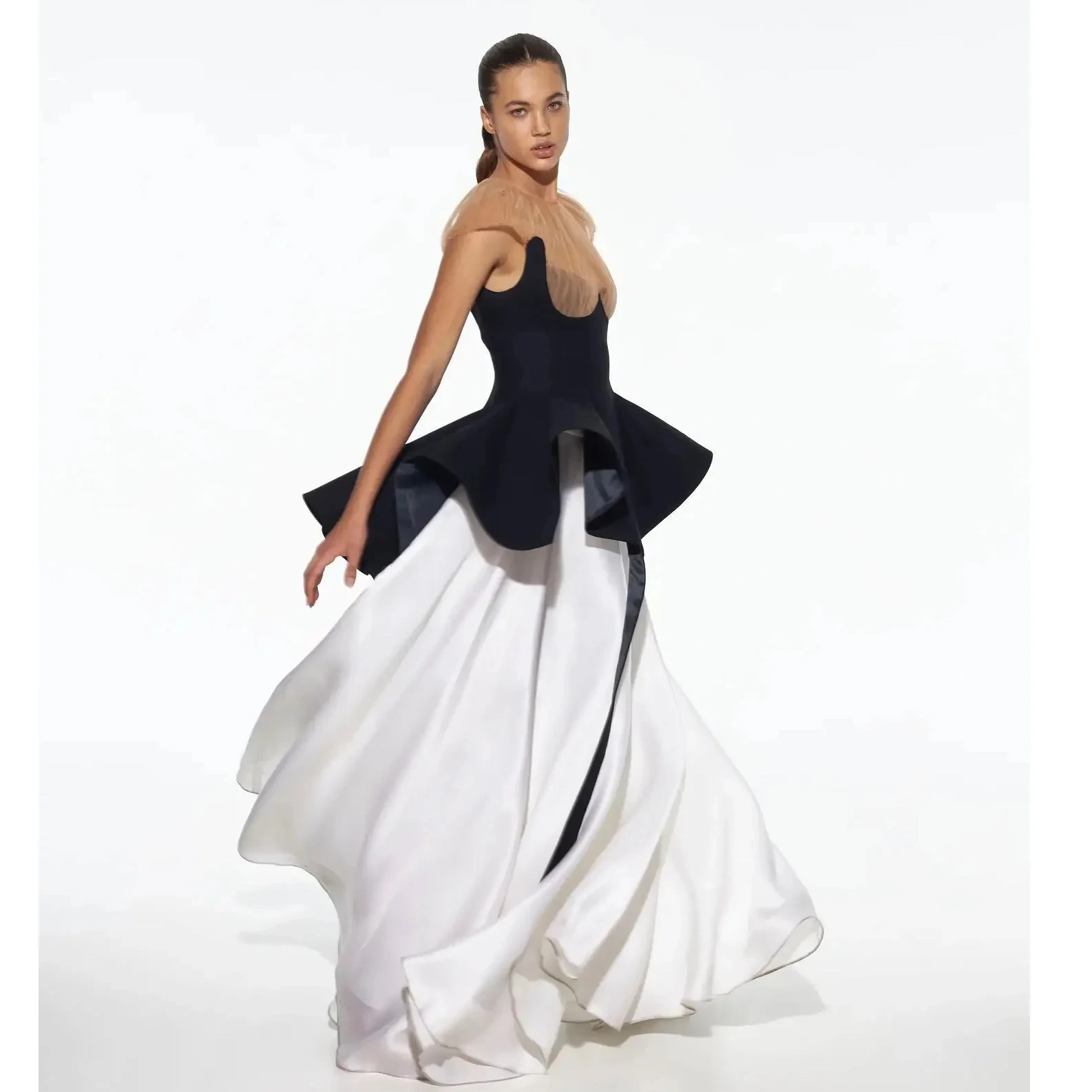 Unique Black and White Formal Party Dresses 2 Colors Sheer Neck Pleated Peplum Prom Maxi Dress فساتين طويلة vestidos para mujer