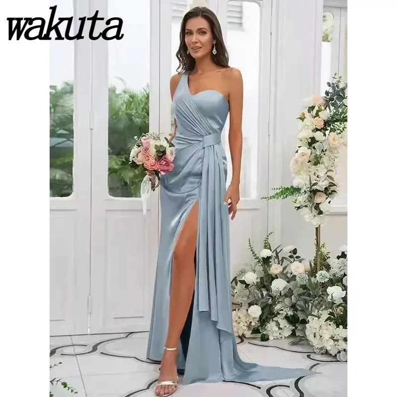 

Wakuta Elegant Women's One Shoulder Pleated Gowns Long Gown High Slit A-Line Prom Dresses Simple Evening Vestidos De Graduación