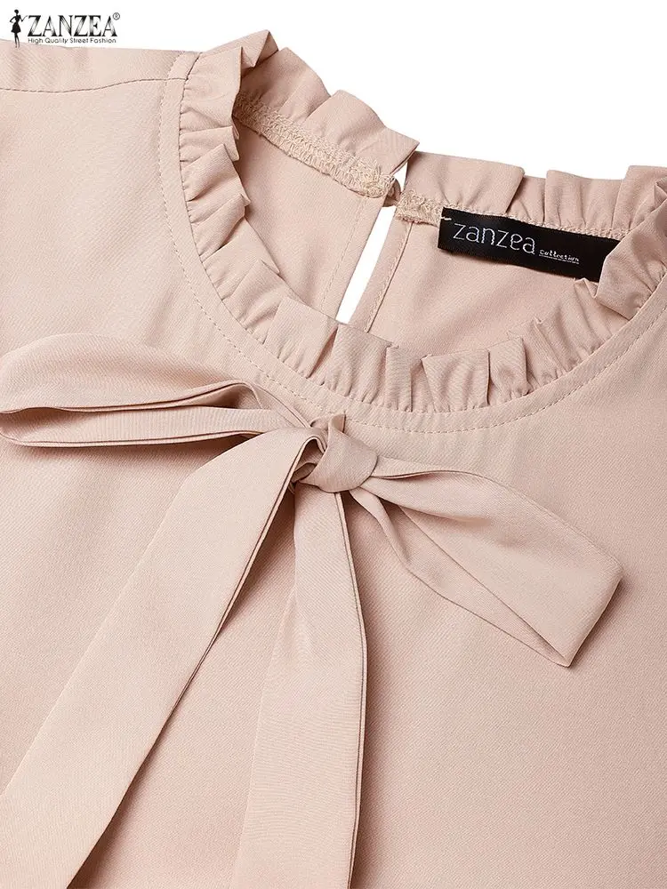 ZANZEA فساتين نسائية أنيقة طويلة متواضعة بفيونكة وتفاصيل مكشكشة وأكمام طويلة متدرجة فستان غير رسمي على شكل حرف a حجاب إسلامي عباية للعيد