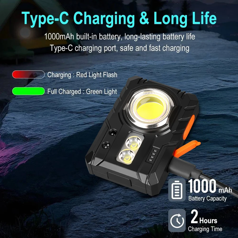 1000 MAH Powerful Portable Intelligent Work Light Red Warning Lamp Rechargeable Magnet Flashlight with Hat Clip Outdoor Running