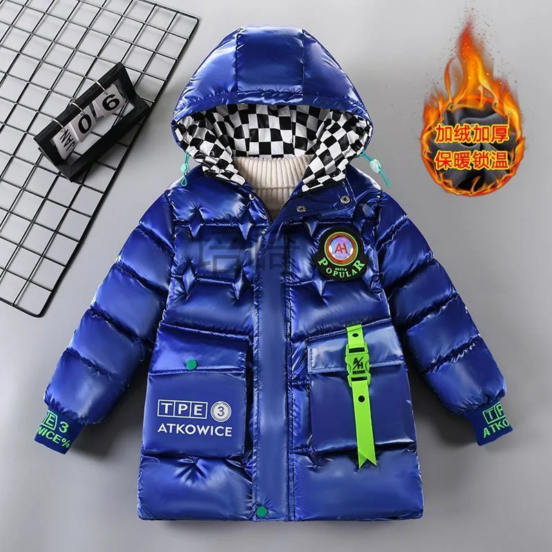 2024 Winter Kids Boys Downcoats Teenagers Glossy Velvet Thicken Medium Long Cotton down Jacket Children Letter Hooded Outerwear