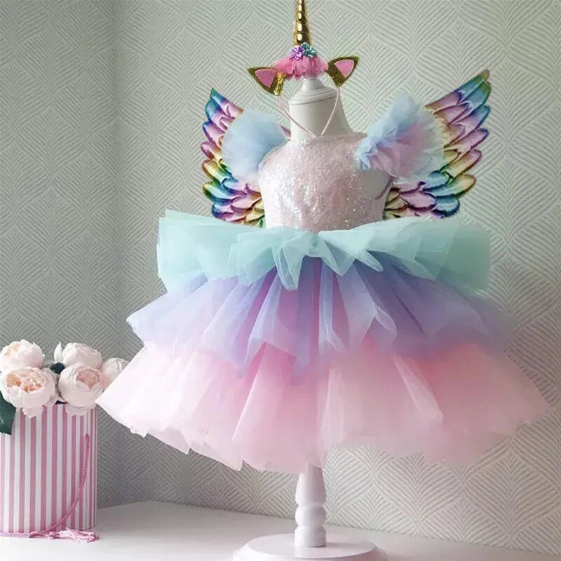 Kids Clothes Summer Fashion Unicorn Rainbow Dress Baby Girls Clothes Chilren Birthday Clothes Sets for 4 5 6 7 8 9 10 Yrs Girl