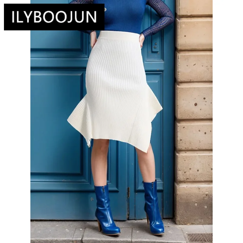 

ILYBOOJUN Knitting Ruffle Trim Midi Skirt For Women High Waist Solid Minimalsit Asymmetrical Casual Slim Skirts Female New