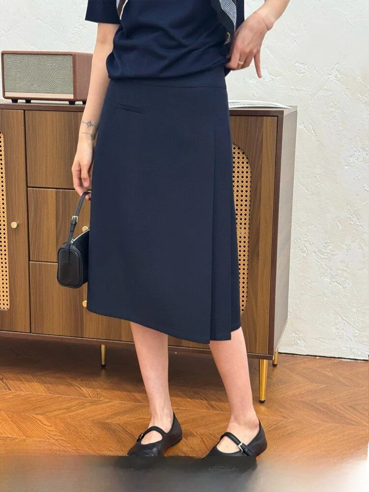 

Black Woolen Asymmetrical Slit Suit Skirt Elegant Simple Style Women's High Waist A-Line Skirt for Summer 2026
