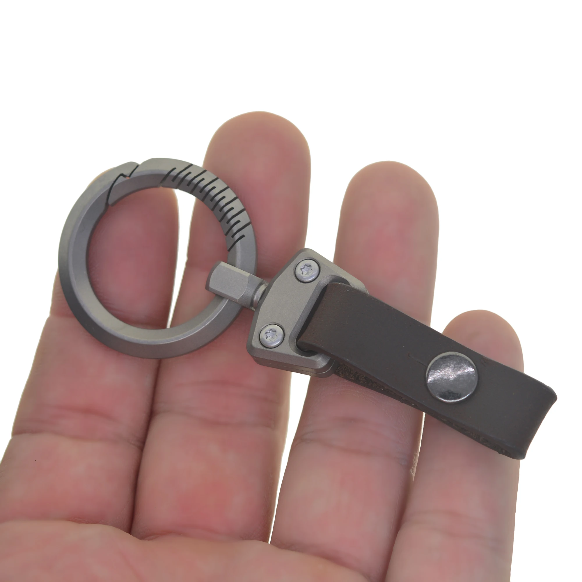 Unique fine Black leather Titanium TC4 Ti round  snap non spring Lock quick release Carabiner Key ring Hook EDC DIY Gift