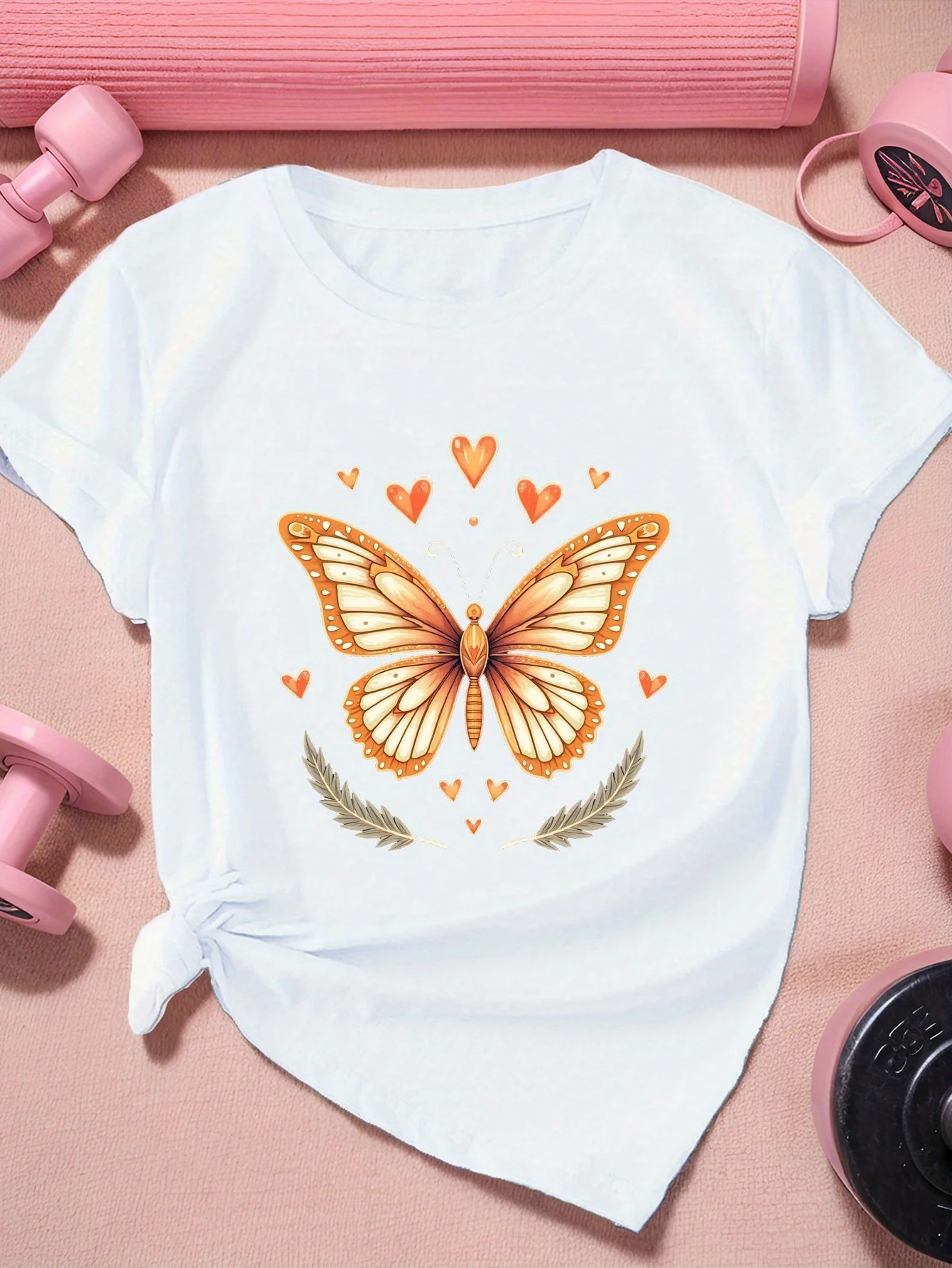 Women's Plus Size Butterfly Print Sports T-Shirt - Short Sleeve Round Neck Casual Sports Top, Breathable for Fitness and Everyday Wear - Machine Washable Shirt