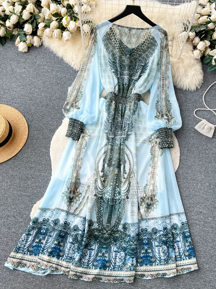 Party Printing Dress for Women 2024 Vestidos De Mujer V-neck Slim Waist Temperament Robe Femme Lantern Sleeve Vintage Dresses