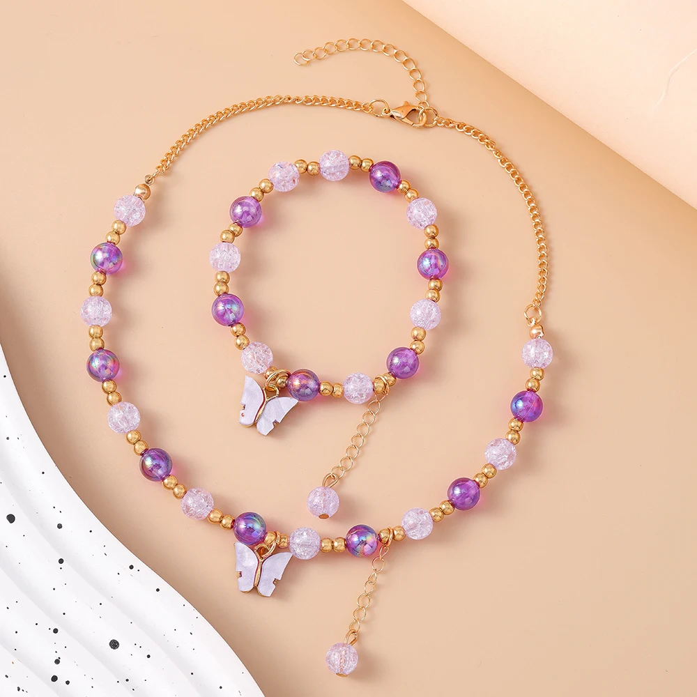 Aihua Romantische rosa Kristall Schmetterling Armband Halskette für Frauen Mädchen bunte Popcorn Perlen Halsband Halskette Schmuck Set – Detail 2