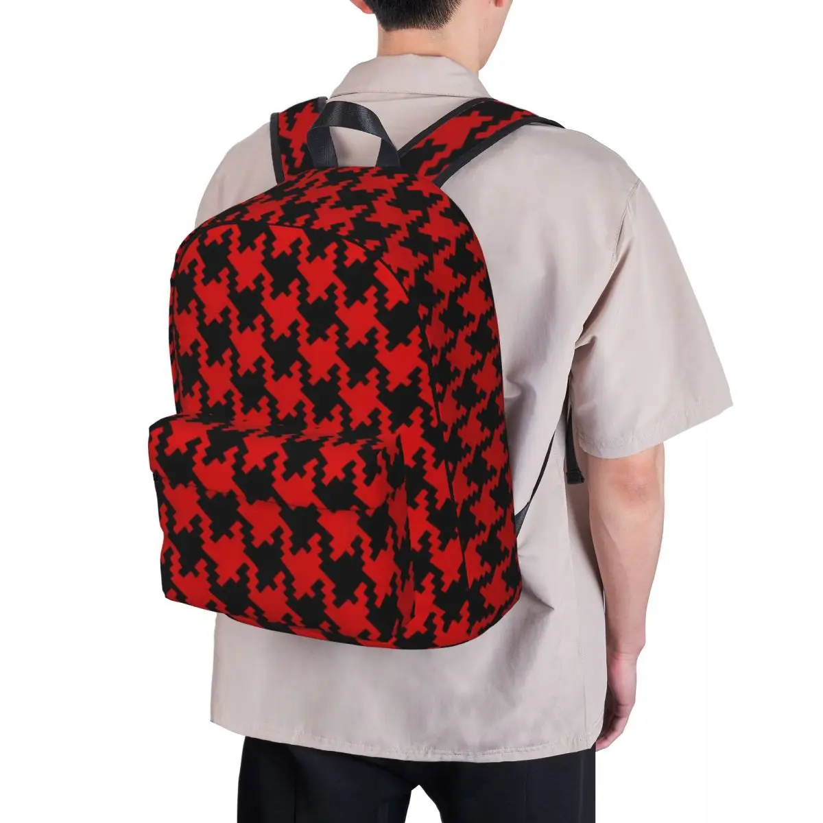 Black Red Houndstooth Backpack Student Check Print Durable Backpacks Polyester High School Bags Daily High Quality Rucksack