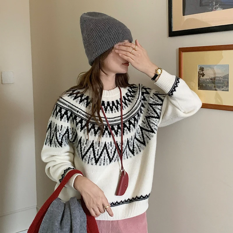 

Women's Pure Wool round Neck Knitted Sweater Loose Thick Jacquard Heavy-Duty Long-Sleeved Top with Contrasting Colors