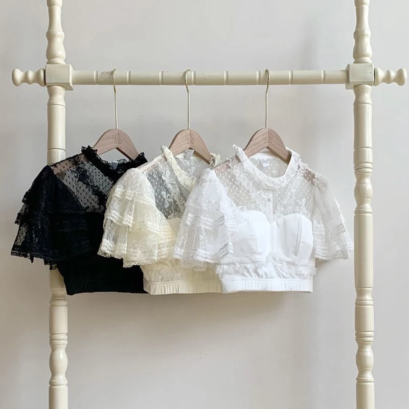 MEXZT Lolita Cropped Weiße Hemden Damen Kawaii Cutecore Spitzenrüschen Blusen Japanische Harajuku Gothic Schwarze Kurzarm-Tops