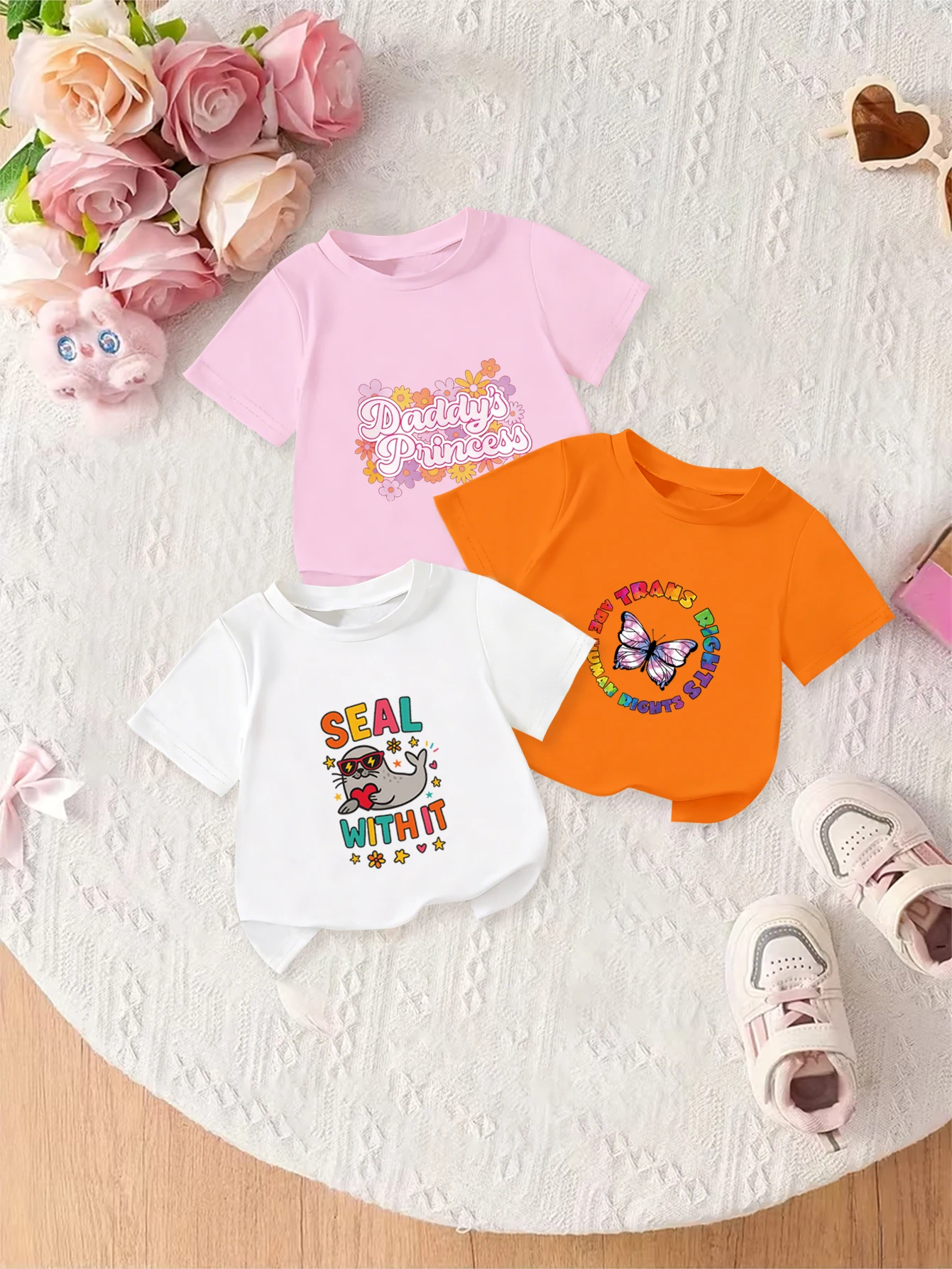 

3 шт.: летняя милая милая футболка для девочек с рисунком тюленя и бабочки с цветочным узором