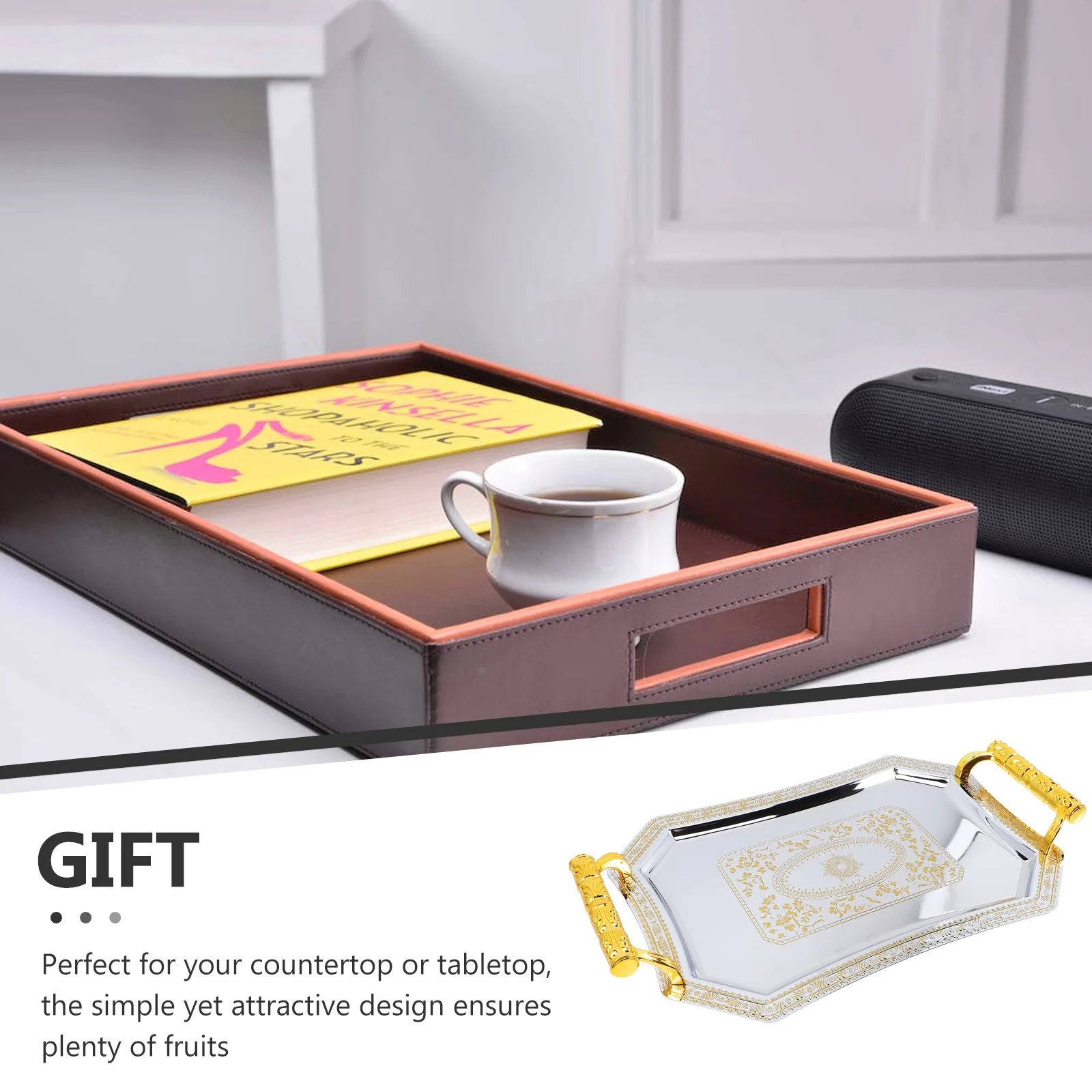 

Stainless Steel Fruit Tray European Style Snack Serving Plate Desktop Dessert Cake Plate Food Storage Tray for Home Party