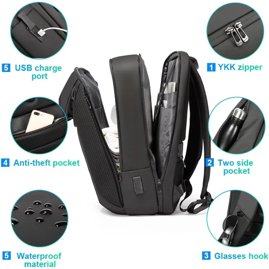 Mochila para laptop BANGE Smart Business à prova d'água pode caber em laptop de 15,6 a 17,3 polegadas com porta de carregamento USB 3.0 para homens e mulheres