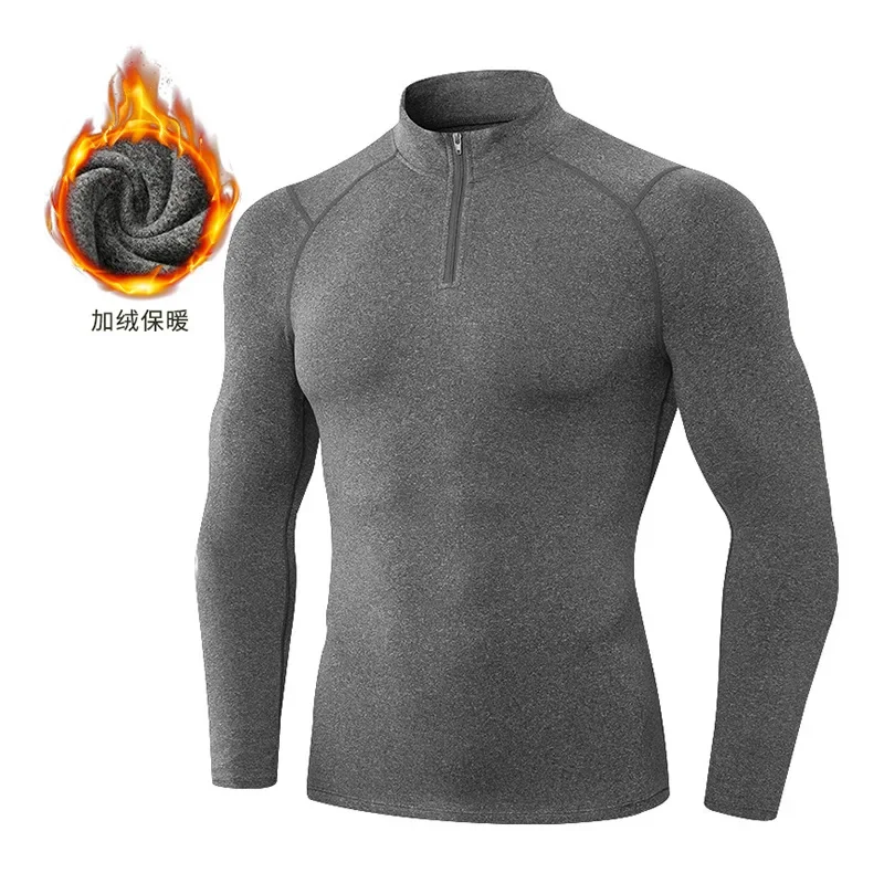 Compression Shirt Men Autumn Fleece Running T-shirt Half Zipper Gym Tight Fitness Sportswear Quick Dry Bodybuilding Muscle Tops