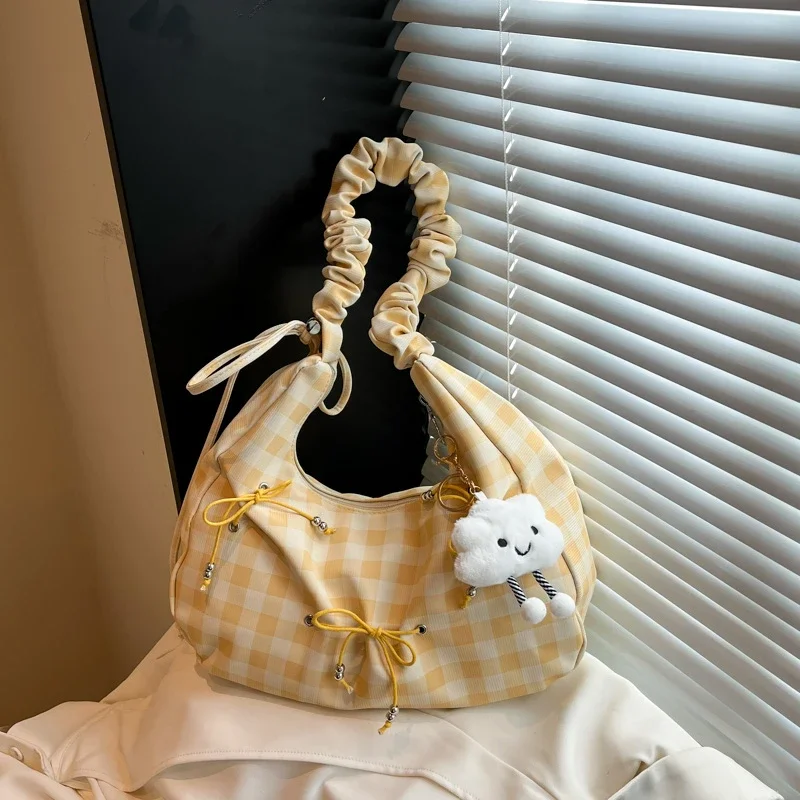 

Клетчатые летние новые универсальные сумки на ремне, женские сумки с швейными нитками, Лидер продаж 2025, милые женские сумки с бантом для поездок на работу