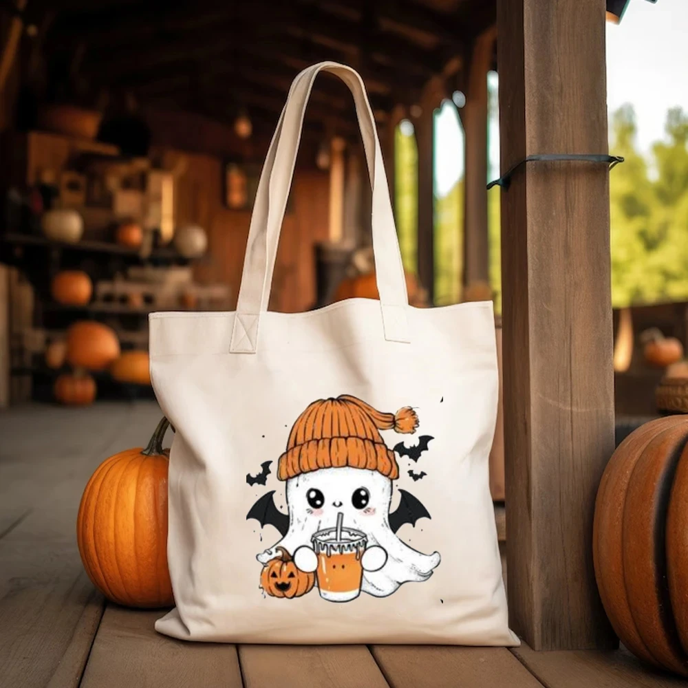 Geestock Cute Ghost Canvas Tote Bag Eco-Friendly Halloween Spooky Cute Halloween Doodle Shopping Bag Reusable Candy Gift Bag