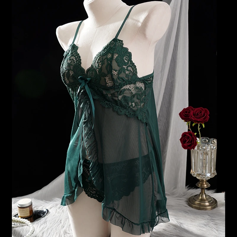

2 Pieces Sets Women's Nightgown Suit Front Splite Nightdress V-Neck Pajamas Transparent Split Homewear with Panty Sexy Lace