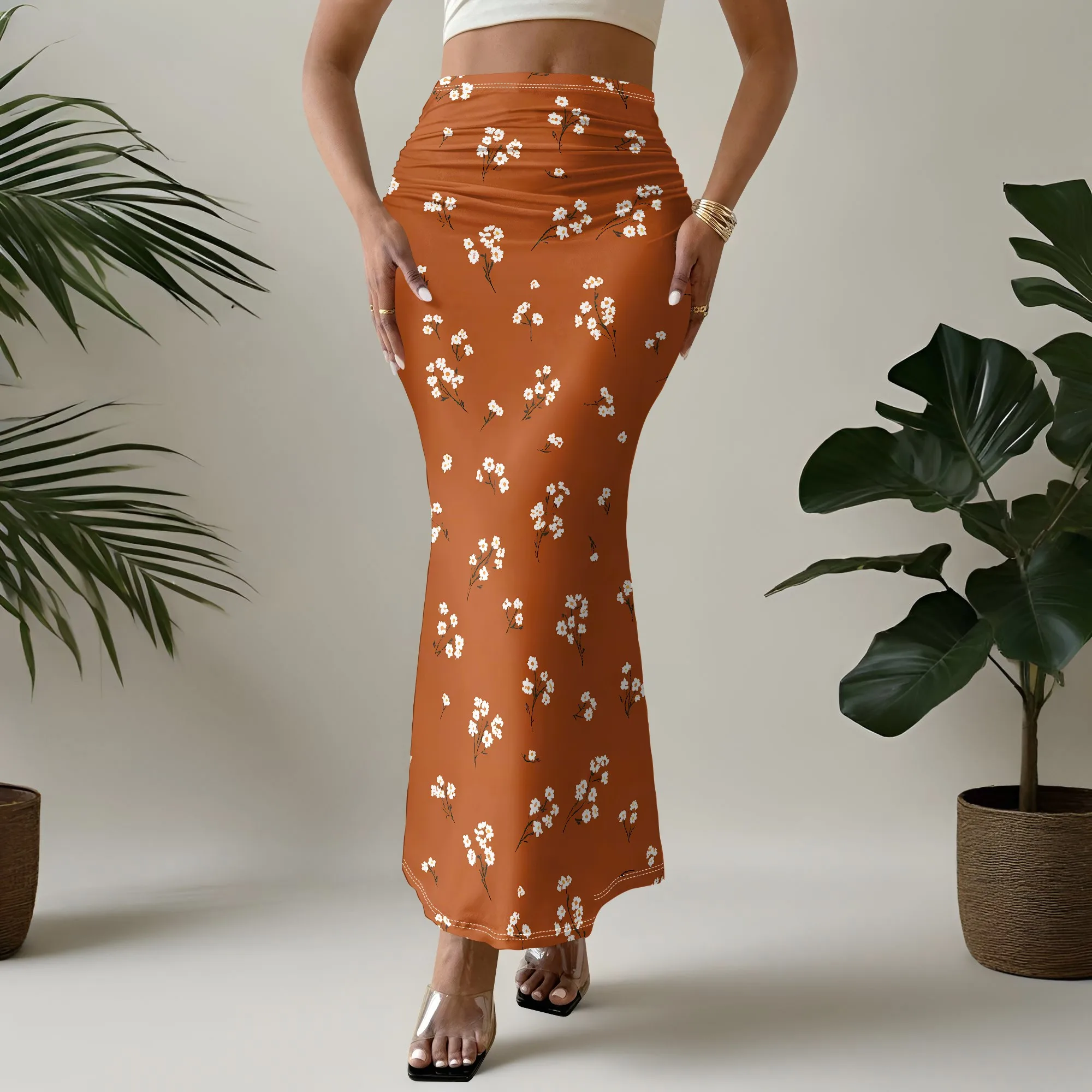 Floral Print Ruched Maxi Skirt, White Flower Pattern, Bodycon Mermaid Hem, Elegant Summer Wear for Women, S-2XL