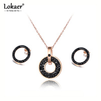 Lokaer Trendy White/Black CZ Rhinestone Necklace Earrings Sets Titanium Steel Rose Gold Color Wedding Jewelry For Women SE020