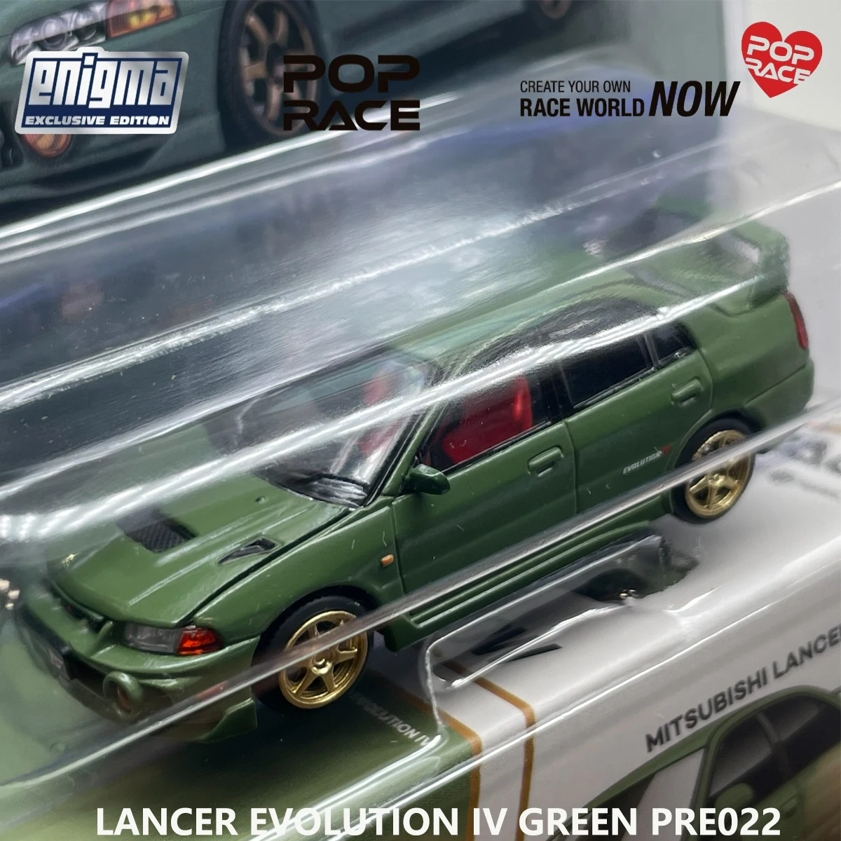 Pop Race Enigma Exclusive 1:64 Mitsubishi Lancer Evolution IV Green PRE022 Collectible Model Vehicles Alloy Blister Pack