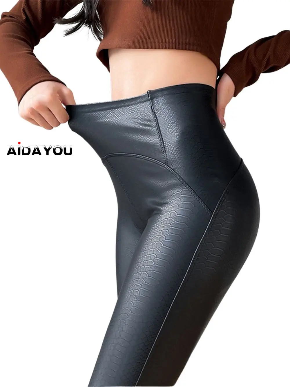 

Women Faux Leather Leggings Matt Snake Print Striped High Waist Push Up Lift Butt Bottom Up Ass Legging Solid Thick Type ouc352