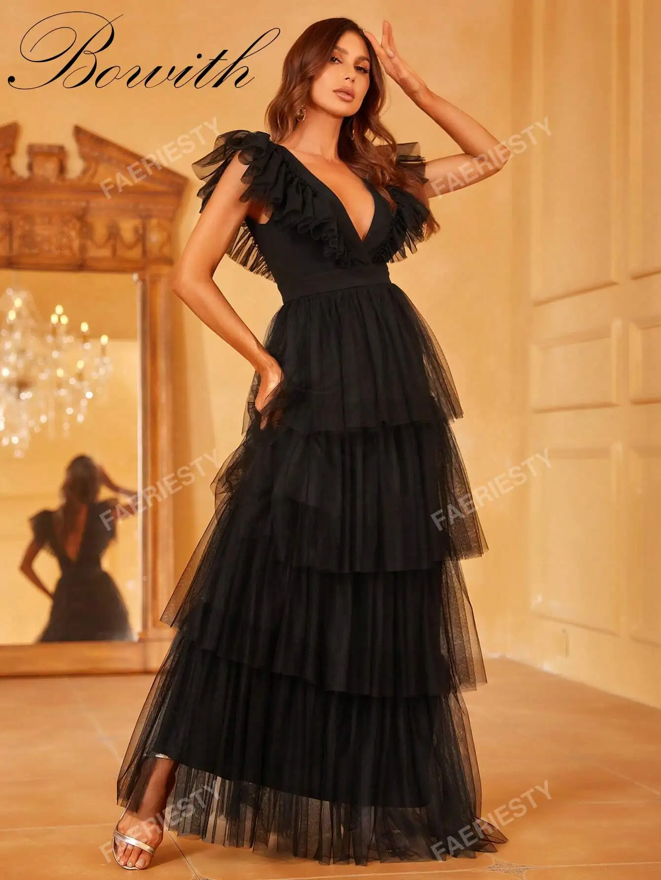 

Bowith Customized Deep V-Neck Evening Gown With Ruffled Flared Sleeves & Tiered Tulle A-Line Hem