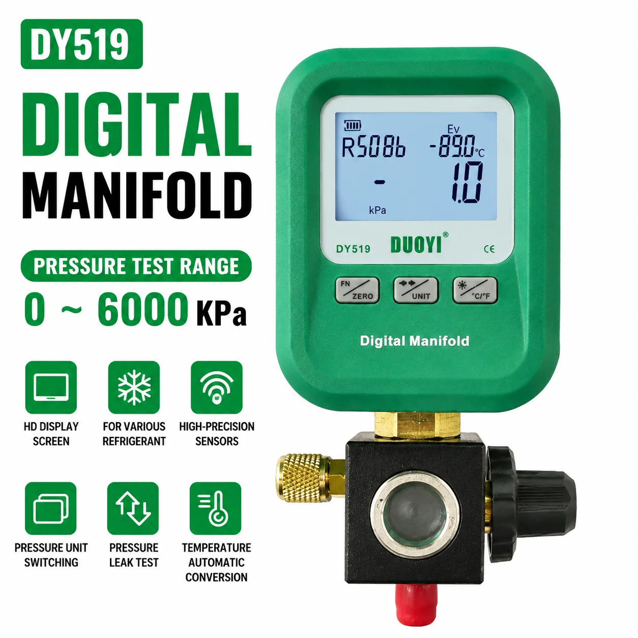 DUOYI DY519 Digital HVAC Electronic Manifold – Refrigeration Pressure & Temperature Gauge, Car AC Diagnostic Tool