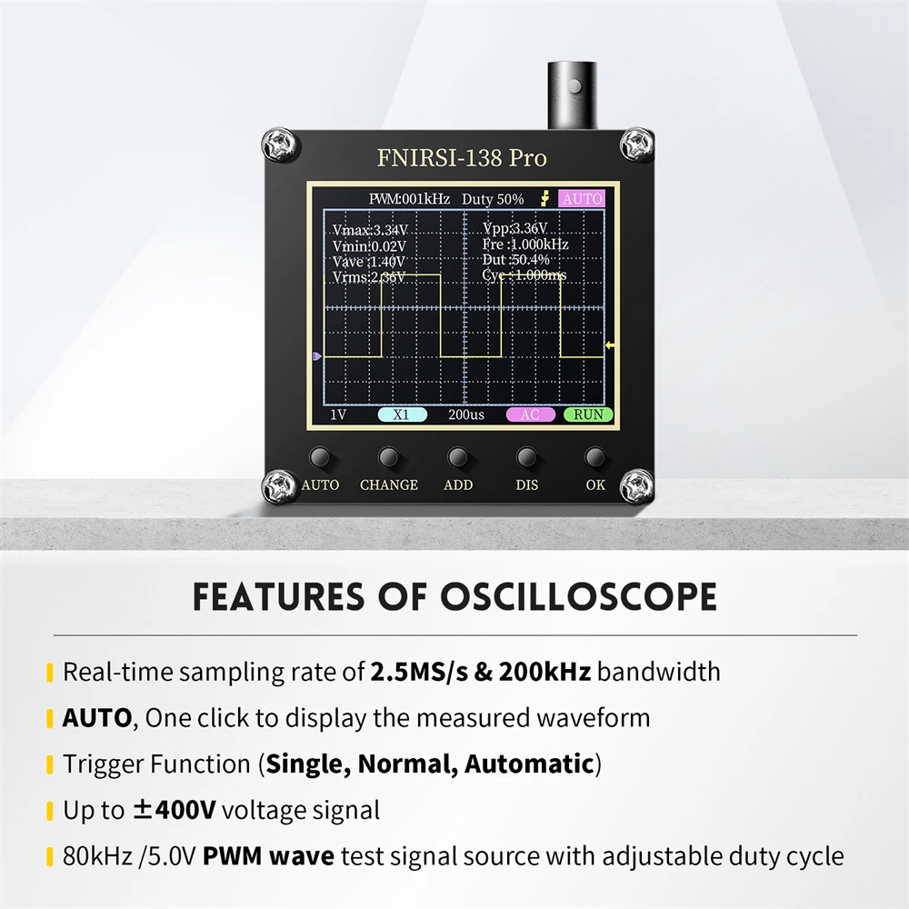 FNIRSI-138 PRO Handheld Digital Oscilloscope 2.5MSa/s 200KHz Analog Bandwidth Support AUTO,80Khz PWM And Firmware Update