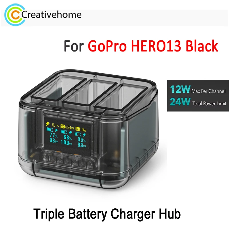 gh13-トリプルバッテリー充電器ハブ-gopro-hero13-black-ブラックカメラバッテリー-24-ワットスマート充電ドック-096-インチスクリーンディスプレイ付き