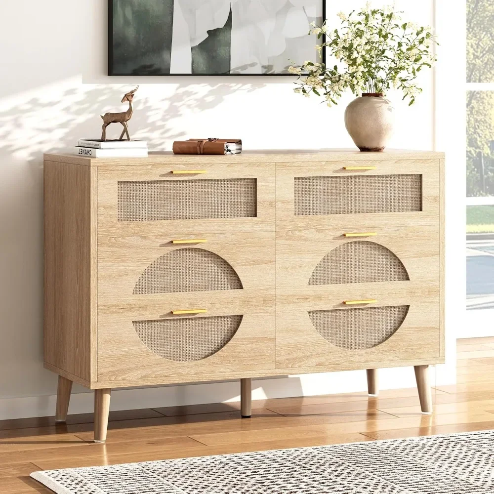 6 Drawer Dresser for Bedroom Modern Boho Rattan r Wood Chest of Drawers with Gold Handles&Wood Legs