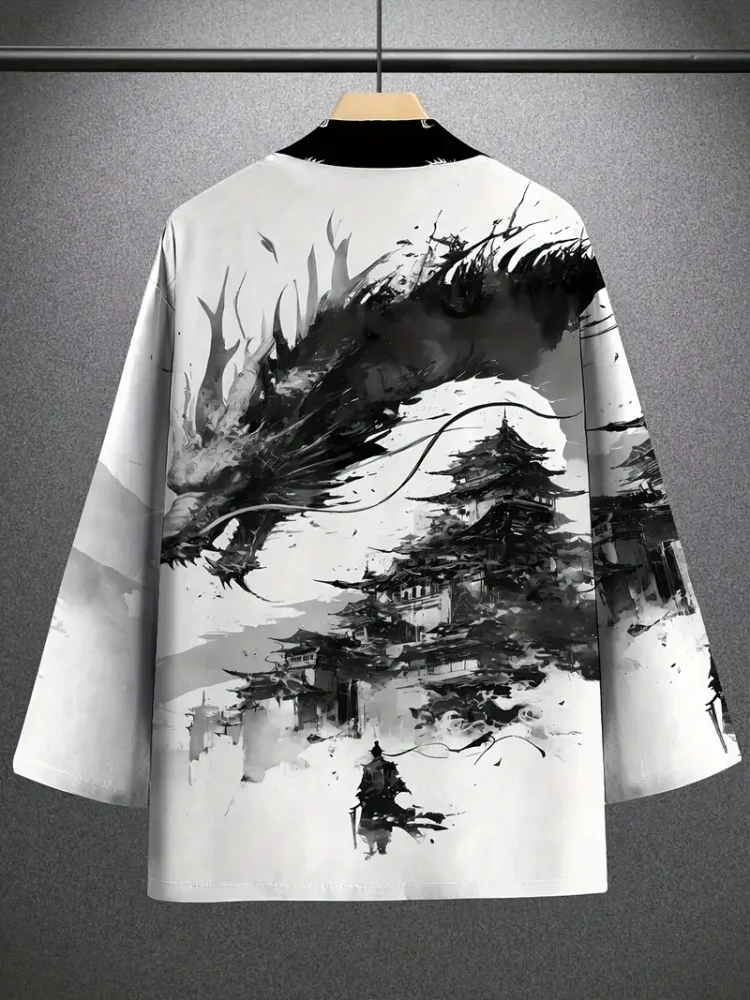 Chinese Style Ink Painting Dragon 3D Printed Men's Cardigan Top Japanese Casual Loose Men's Kimono Street Trend Fashion Kimono