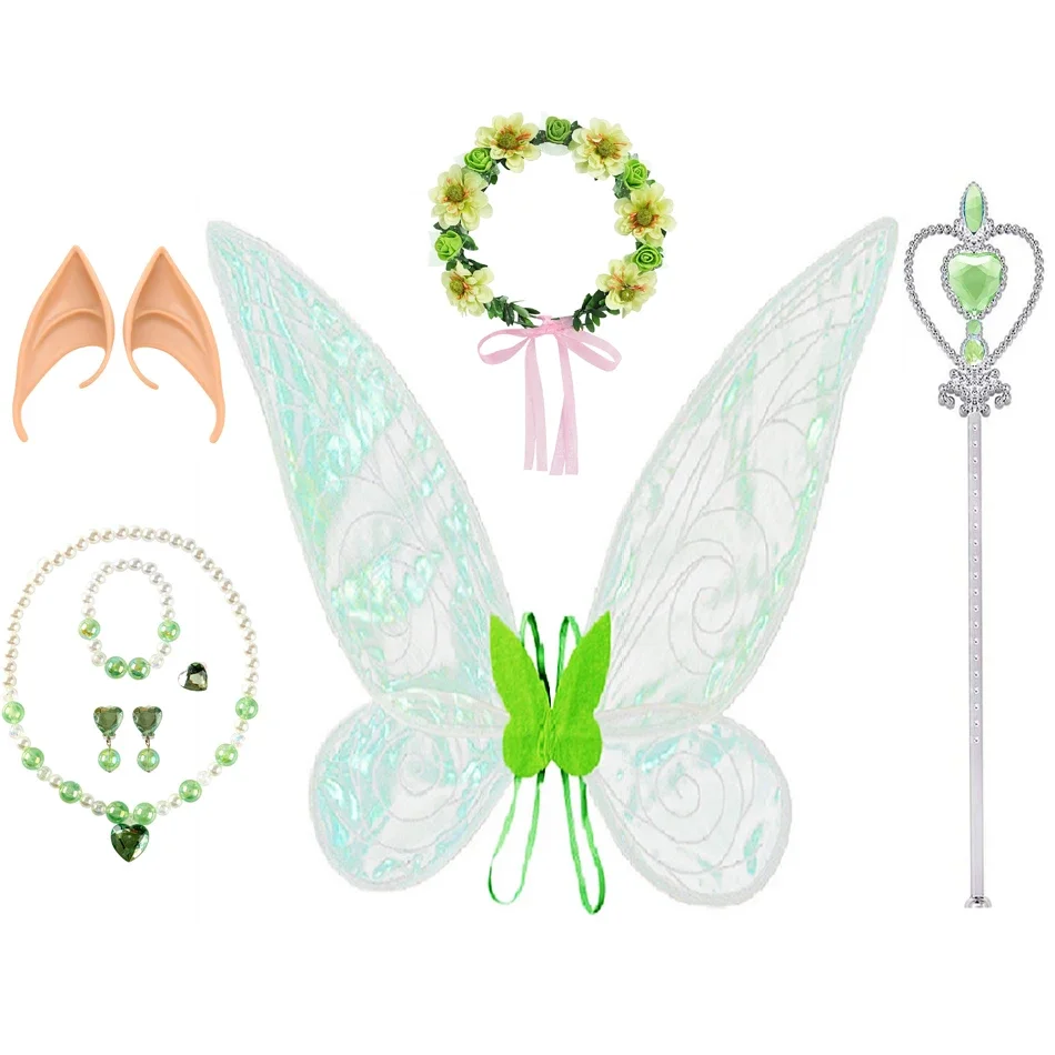 Tiana Accessories Girls Tinker Bell Headband Crown Wand Gloves Necklace Bracelet Earrings Princess Wing Sets For Kids Birthday