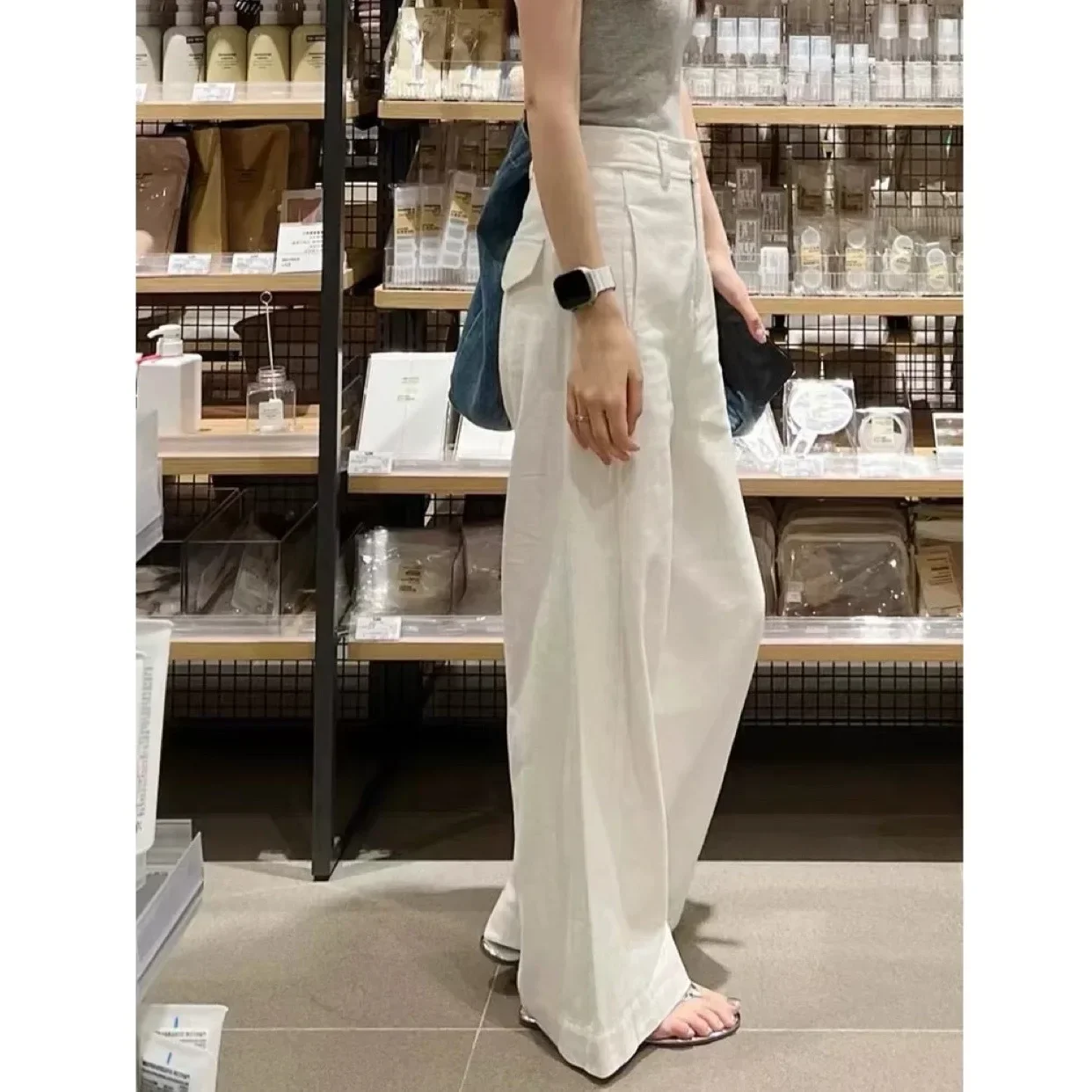 

Pop Spring Summer New Style High Waist Wide Leg Pants Women's Cotton Linen Drapey Loose Straight Leg Pants Lazy Style White
