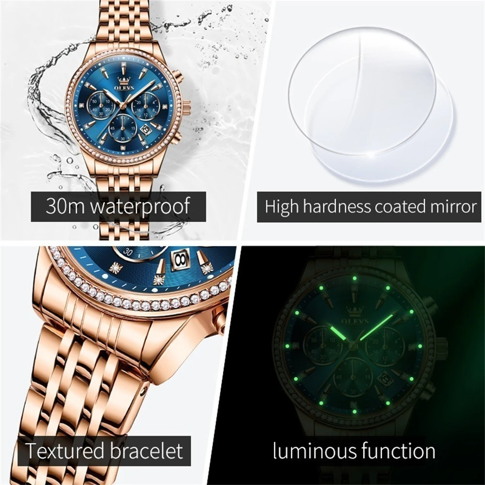 OLEVS-Montre à Quartz en Acier Inoxydable, Cadran Rond, Chronographe, Calendrier, Cadeau, Mode 5582