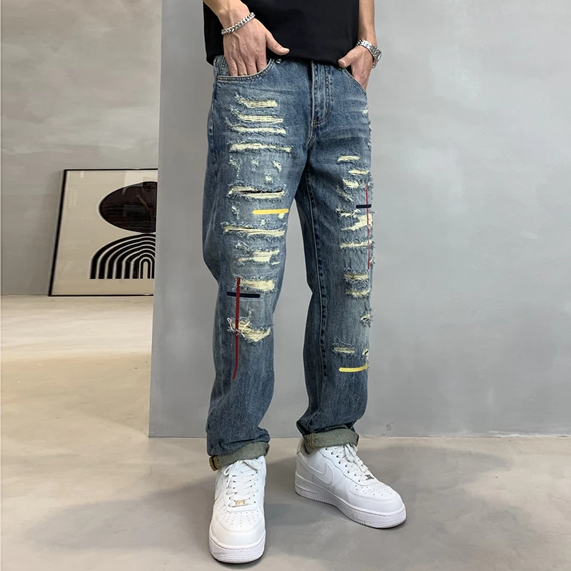 New Cross Red Thread Knife Cut Style Fashionable Distressed Vintage Jeans For Men'S Ruffled And Handsome Loose And Versatile Mic