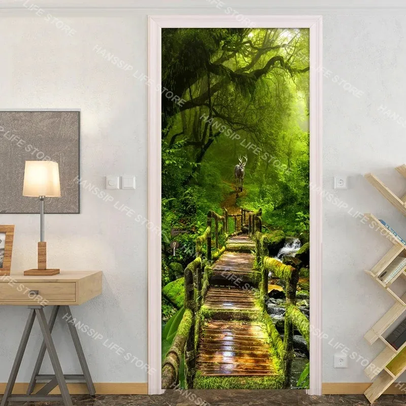 3D Green Plant Bamboo Door Sticker Self Adhesive Forest Palm Tree Bridge Landscape Door Mural Poster Home Decorative Wallpaper