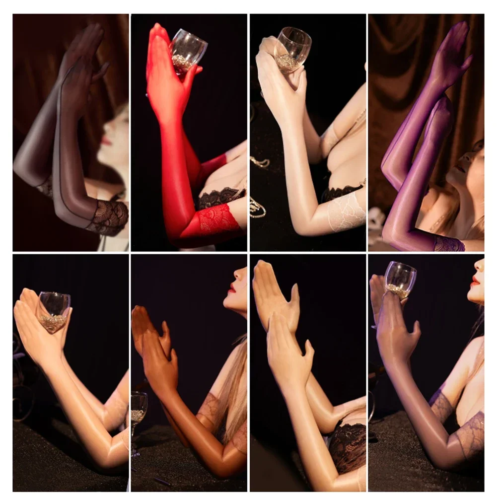 Gants longs en dentelle transparente pour femmes, lingerie sexy, mitaines brillantes sans couture, moulants élastiques, gants huileux brillants, vêtements de main pour dames