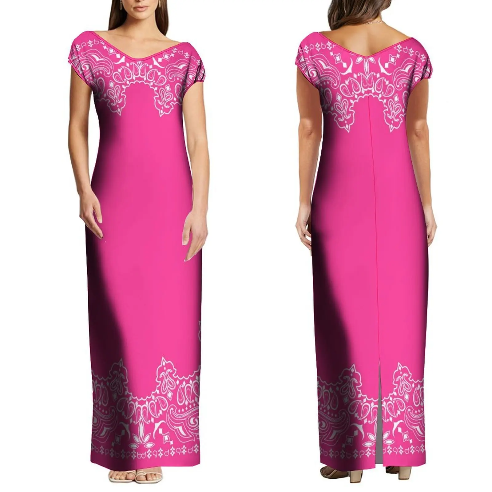 New Design Custom Large Size Bandana Print Dress Women Elegant Big V Neck Off Shoulder Slit Long Maxi Dress