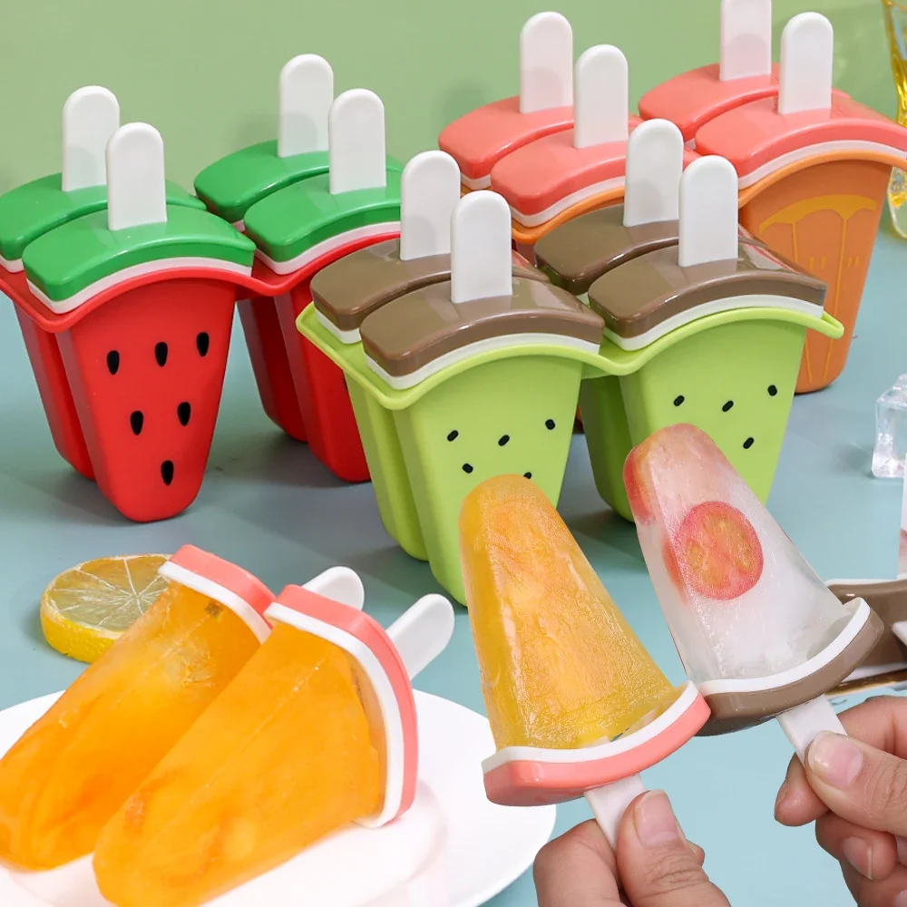 4Grids DIY Ice Cream Mold with Cover Fruit Shape Homemade Ice Popsicle Mould Frozen Juice Milk Cute Kitchen Ice Cream Make Tools