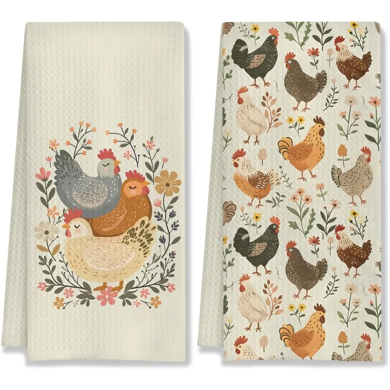 2 Farmhouse Chicken and Rooster Kitchen Towels | Vintage Country Farmhouse Decorative Napkins with Chicken and Floral Designs