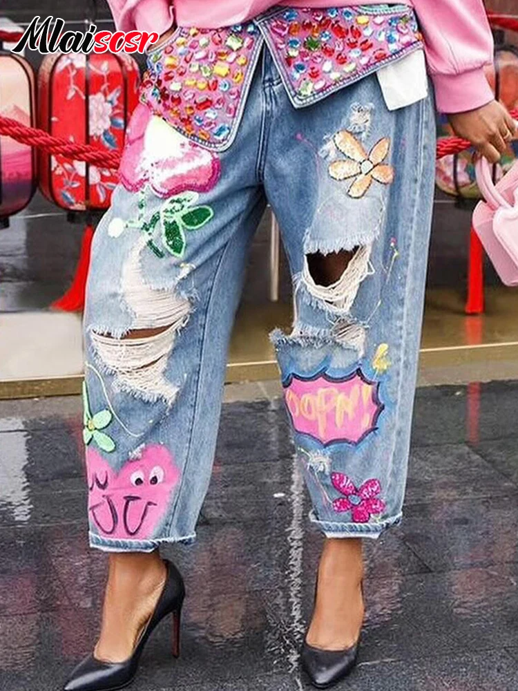 

Mlaiscsr Harajuku Print Diamond Patchwork Baggy Jeans Women Mid Waist Button Pocket Denim Wide Leg Pants y2k Birthday Trousers