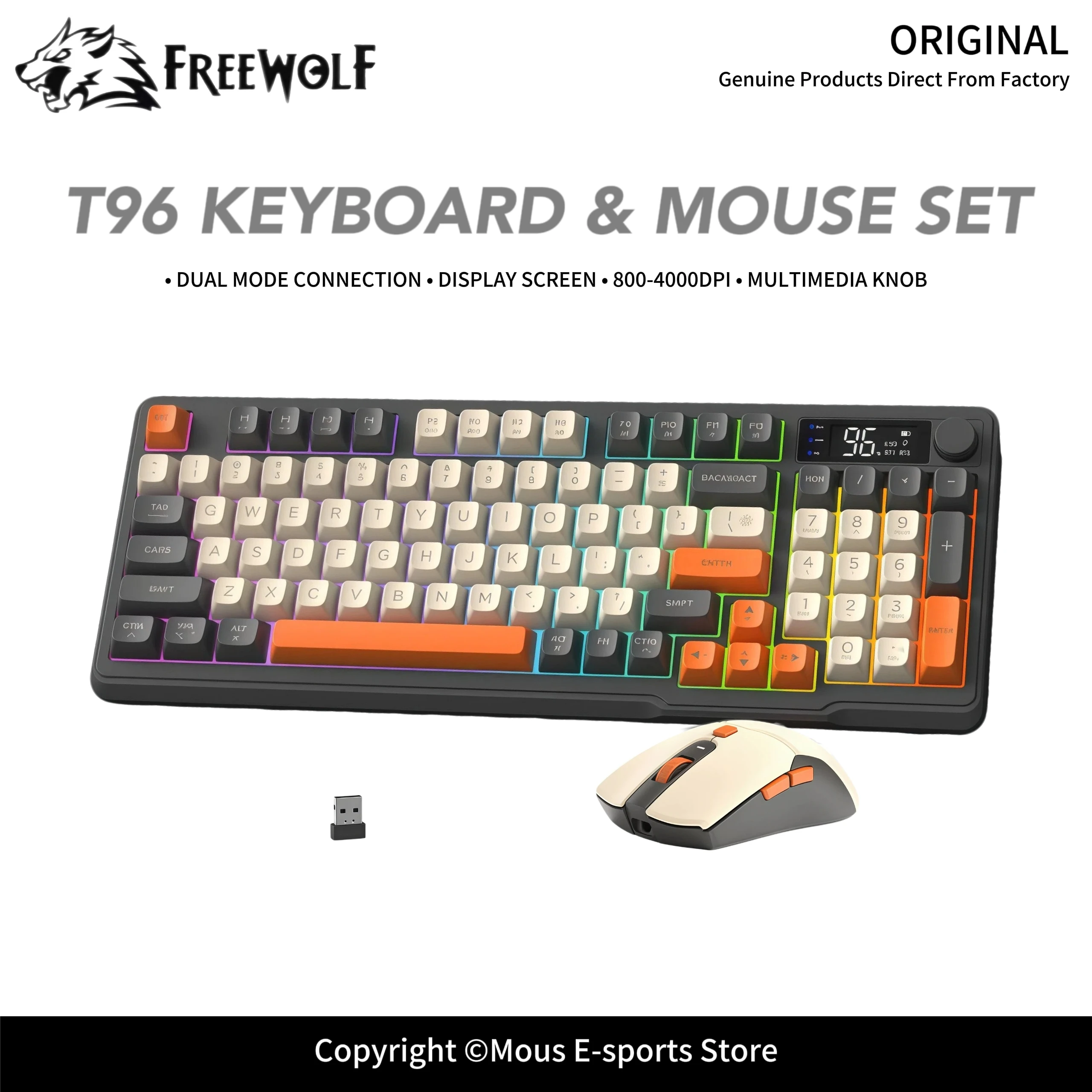2.4G Bluetooth Dual Mode Membrane Keyboard with Mouse FREEWOLF T96  Rainbow Backlight DPI Adjustable Knob Display Screen