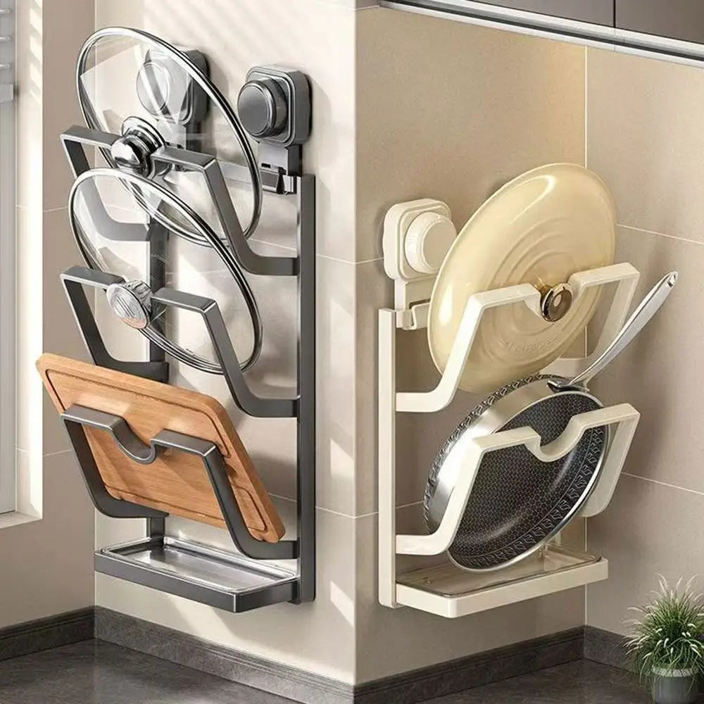 

Держатель крышки кастрюли на присоске без перфорации, многослойная многофункциональная стойка для хранения крышки кастрюли, настенная подвесная стойка для крышки кастрюли для кухни