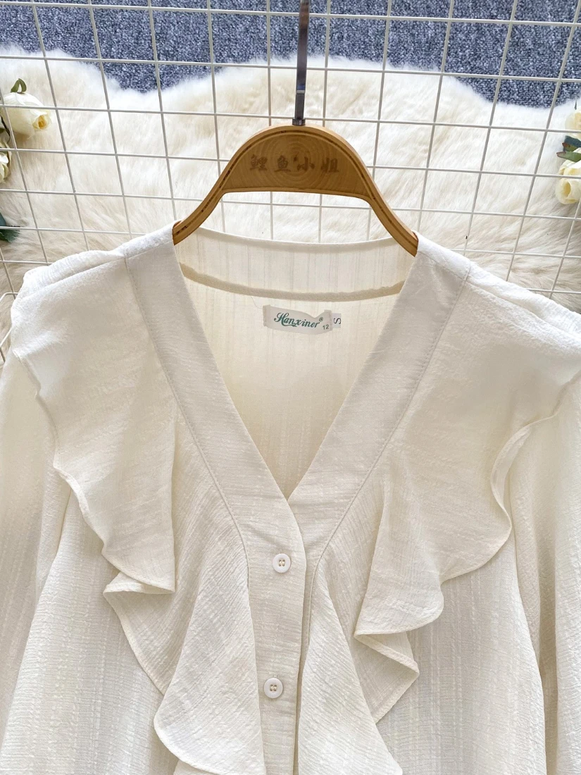 Foamlina Spring Autumn Women's White Shirt French Elegant Ruffles V Neck Long Sleeve Single Breasted Loose Shirt Vintage Blouse