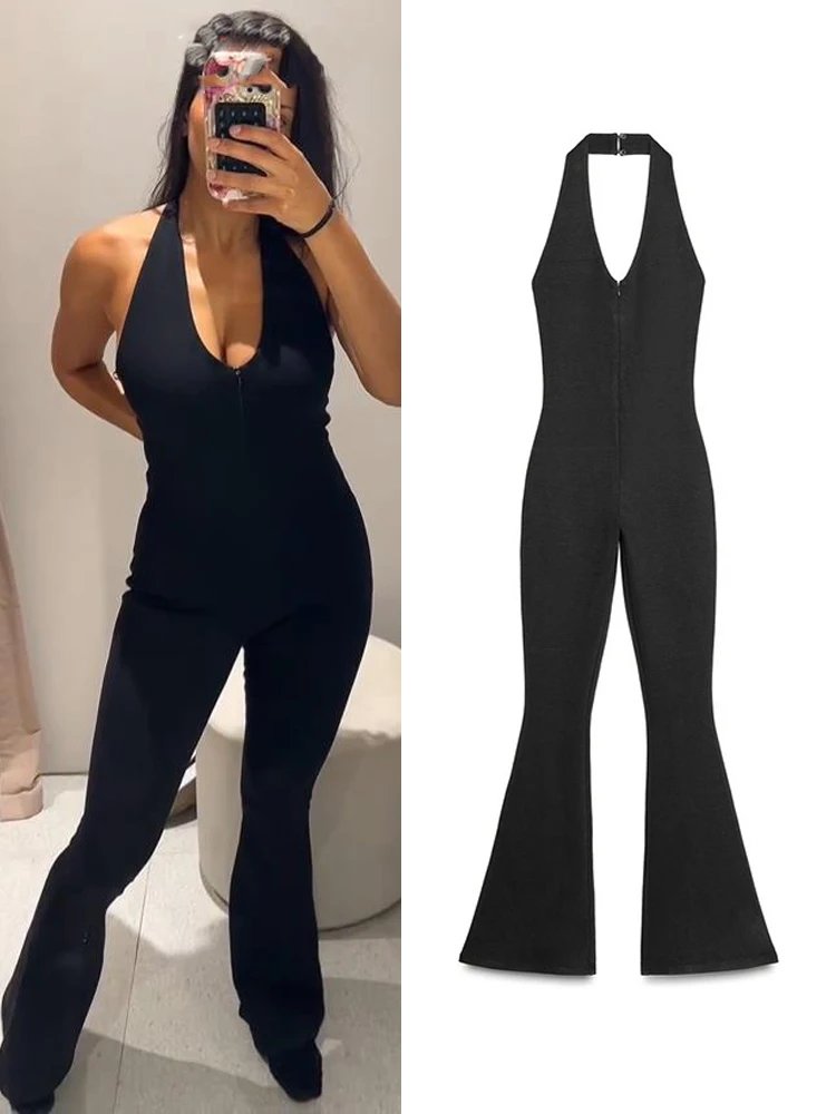 Mono acampanado con cuello Halter para mujer, elegante, sin espalda, sin mangas, ajustado, elástico, de una pieza, monos elegantes de calle